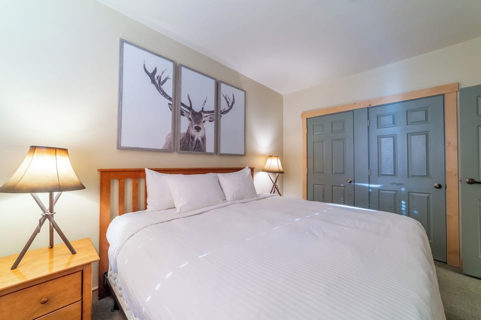 Bedroom has closet and ample space for clothing storage.