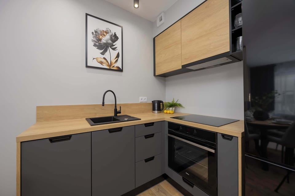 Kitchenette with plenty of kitchen utensils and dishes.