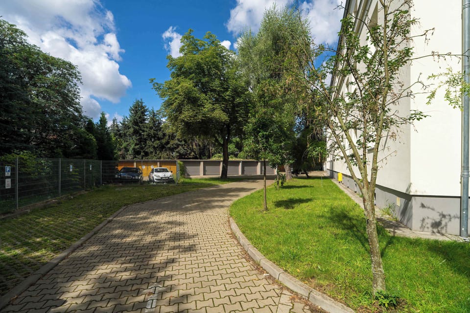 A landscaped courtyard with a circular path surrounded by grass and trees. Benches offer seating in the shaded green space.
