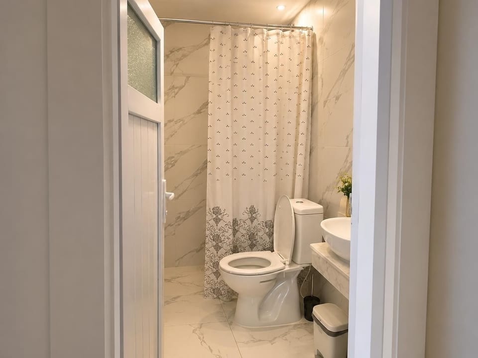 Shower, towels, shampoo, toilet paper