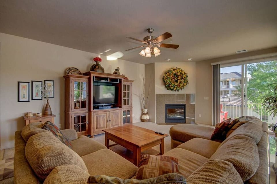 Large wraparound couch with plenty of room to relax.