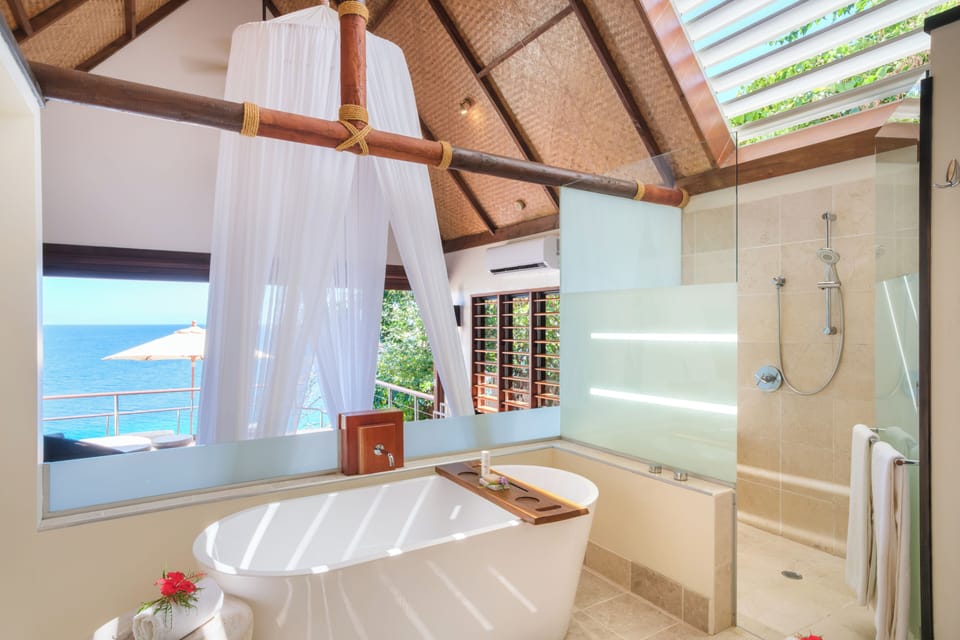 Separate tub and shower, jetted tub, designer toiletries, hair dryer