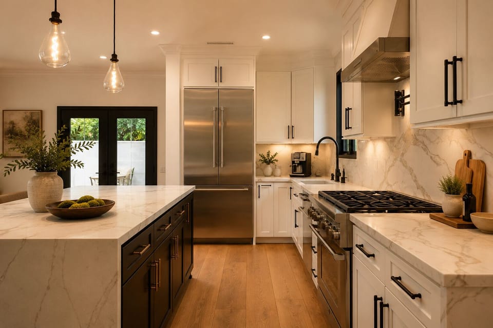 Gourmet kitchen w/ stainless steel appliances, dramatic stone countertops 