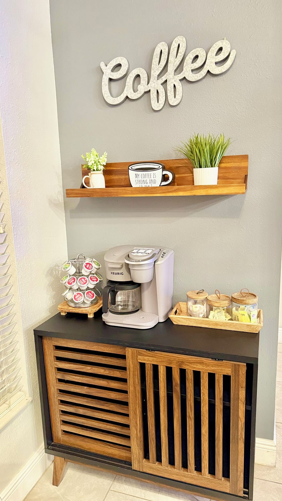 Start your day at our coffee bar stocked with coffee pods, tea, creamer & sugar