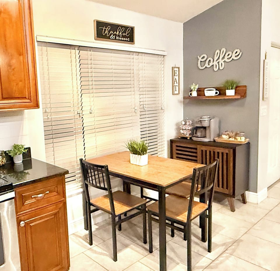 Start your day at our coffee bar stocked with coffee pods, tea, creamer & sugar