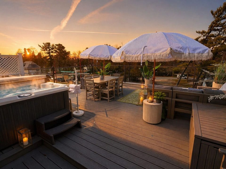 Golden hour hits different up here—spacious rooftop living with cozy corners and skyline views 🌇✨