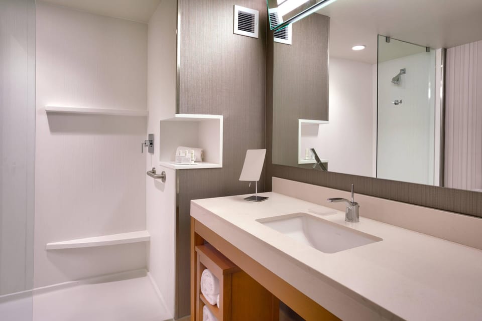 Designer toiletries, hair dryer, towels