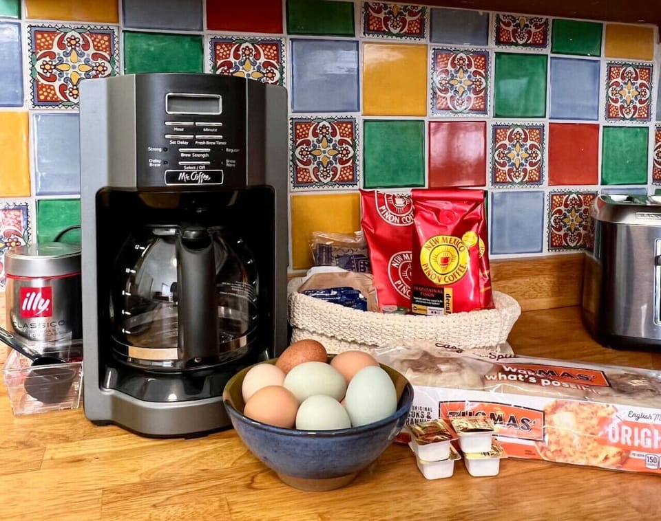 Kitchen Set-Up, Pinon Coffee, Fresh Farm Eggs, English Muffins, Coffee Creamer, Sugar, and MORE!