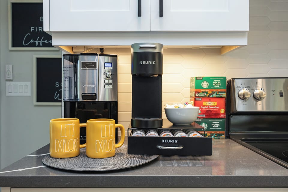 Keurig + drip bar; mugs, pods (reg/decaf), and tea for easy mornings!