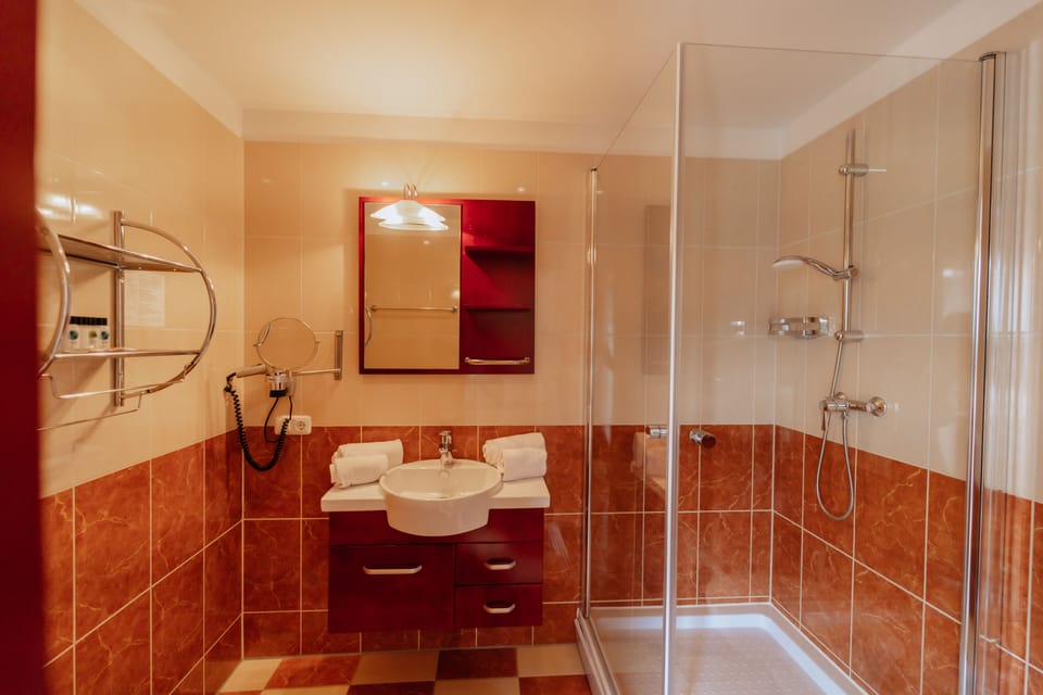 Shower, free toiletries, hair dryer, bathrobes