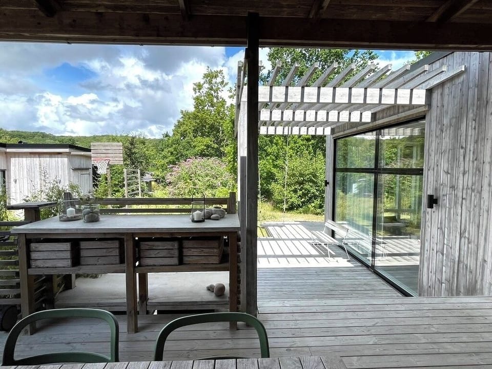 Spacious patio with nature views.