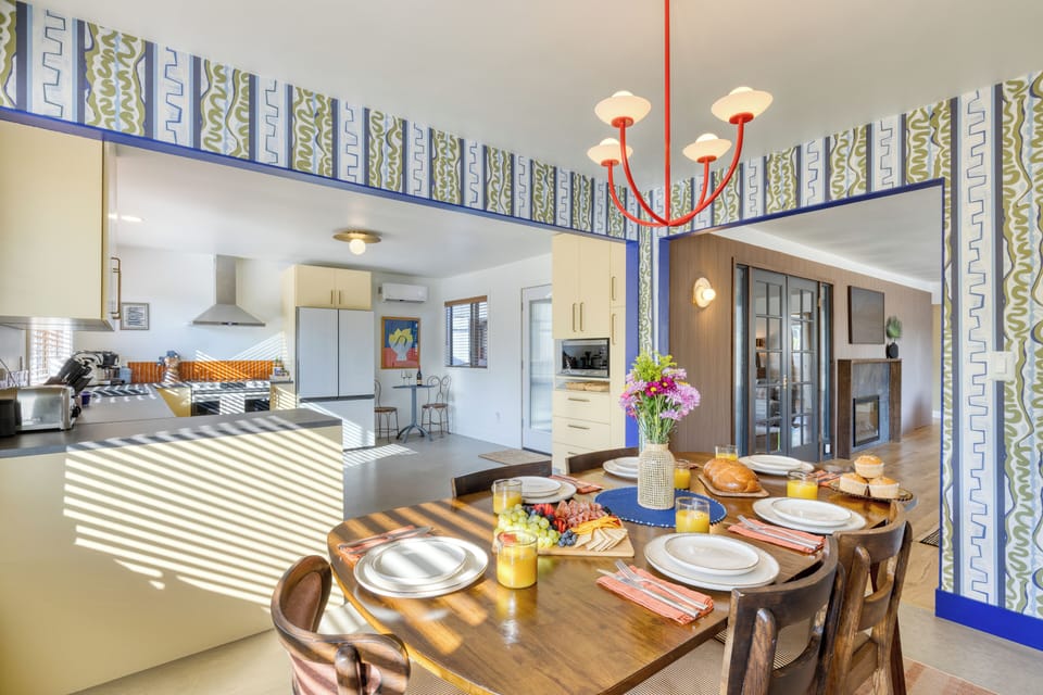 Sleek, modern kitchen and dining space.