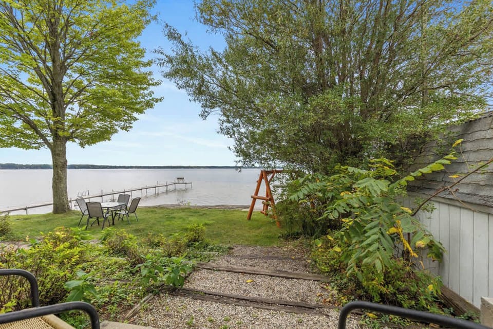 Walkout slider with a view of the lake. 