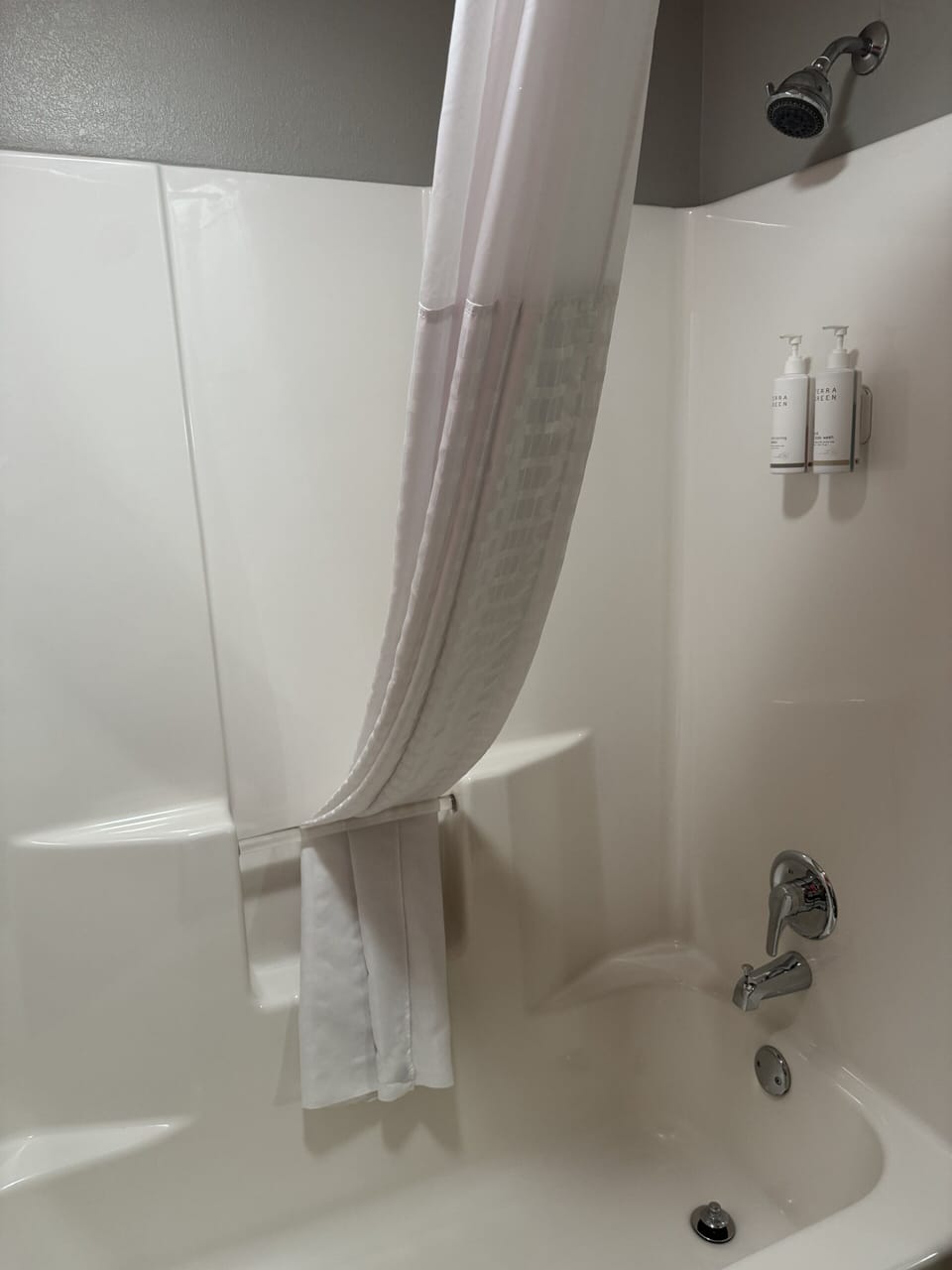 Combined shower/tub, free toiletries, hair dryer, towels