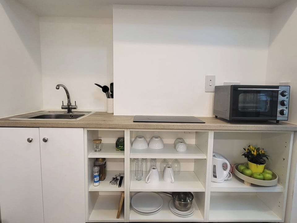 Fridge, microwave, stovetop, electric kettle