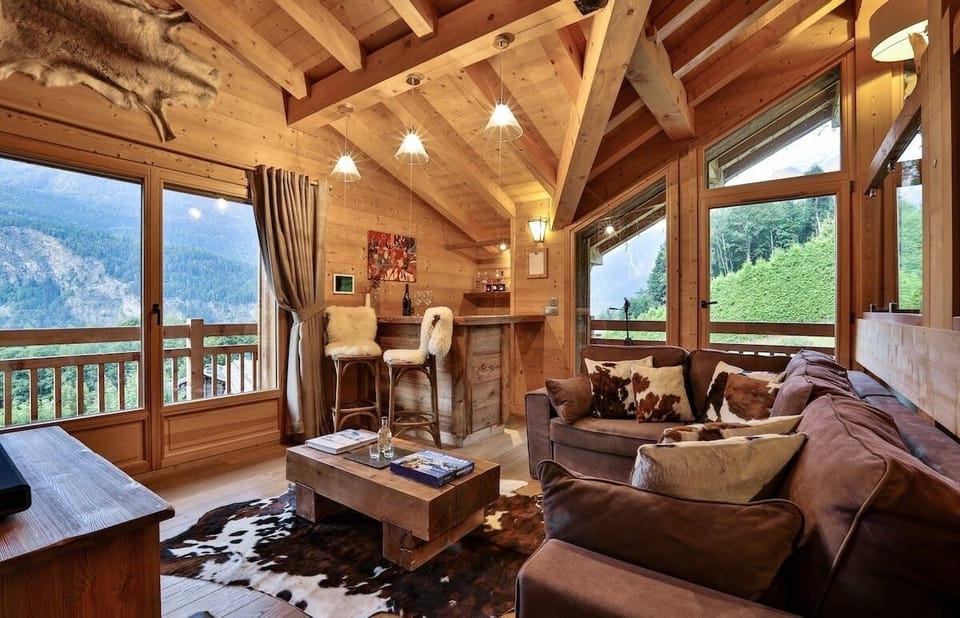 Living area with Bar and Mont Blanc Views out the balcony