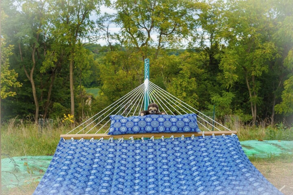 This view overlooks Chesapeake & Ohio Canal National Park. 
Our little sloth buddy, Sasquatch, loves a nap in the hammock. 