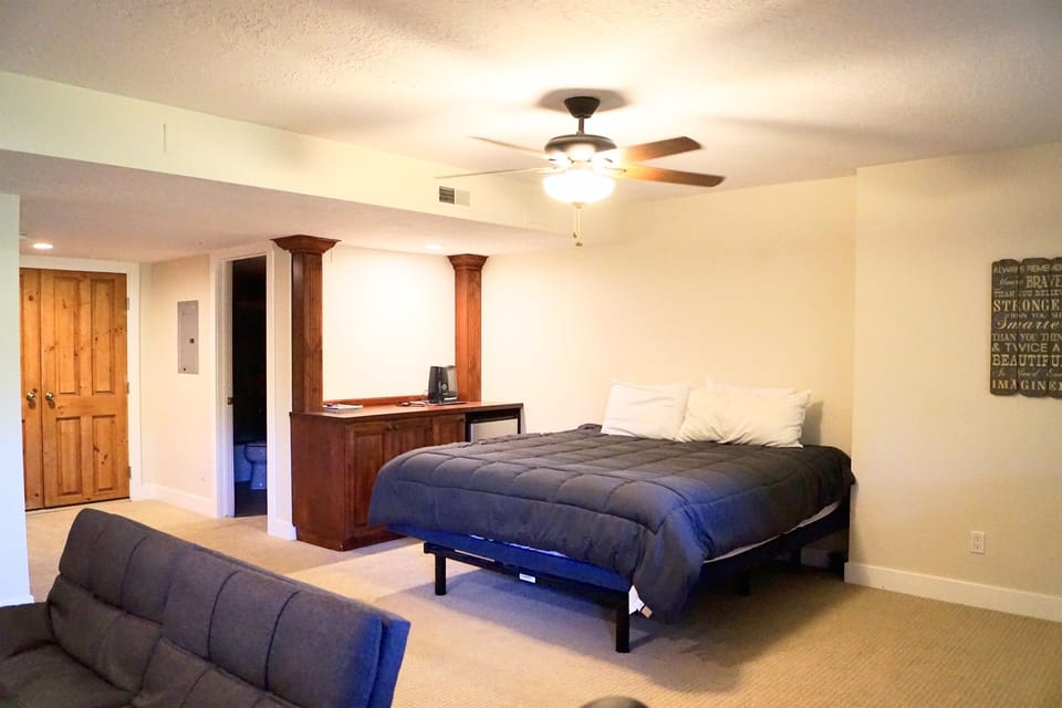 King Suite with cozy gas fire, ensuite, TV & Futon.