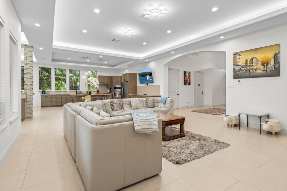 Open floor plan with the kitchen behind the living space.