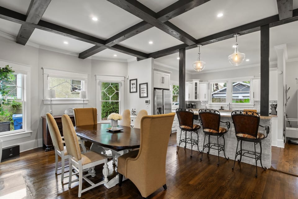 Gather for meals—dining table for eight plus bar seating