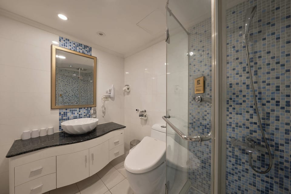 Hair dryer, slippers, towels, shampoo