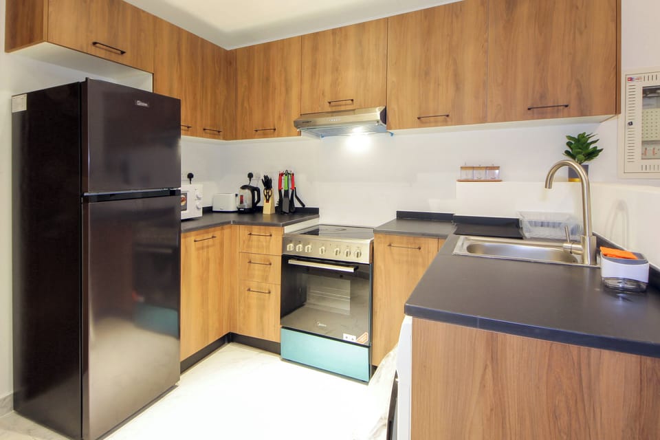 Apartment, City View | Private kitchen | Full-size fridge, microwave, oven, stovetop