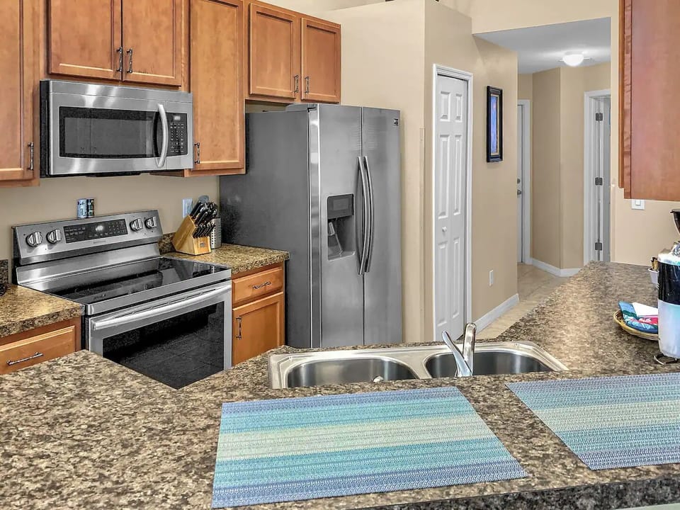 Fully stocked kitchen.