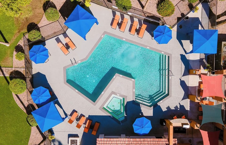 Resort-style pool surrounded by lounge chairs and trees.