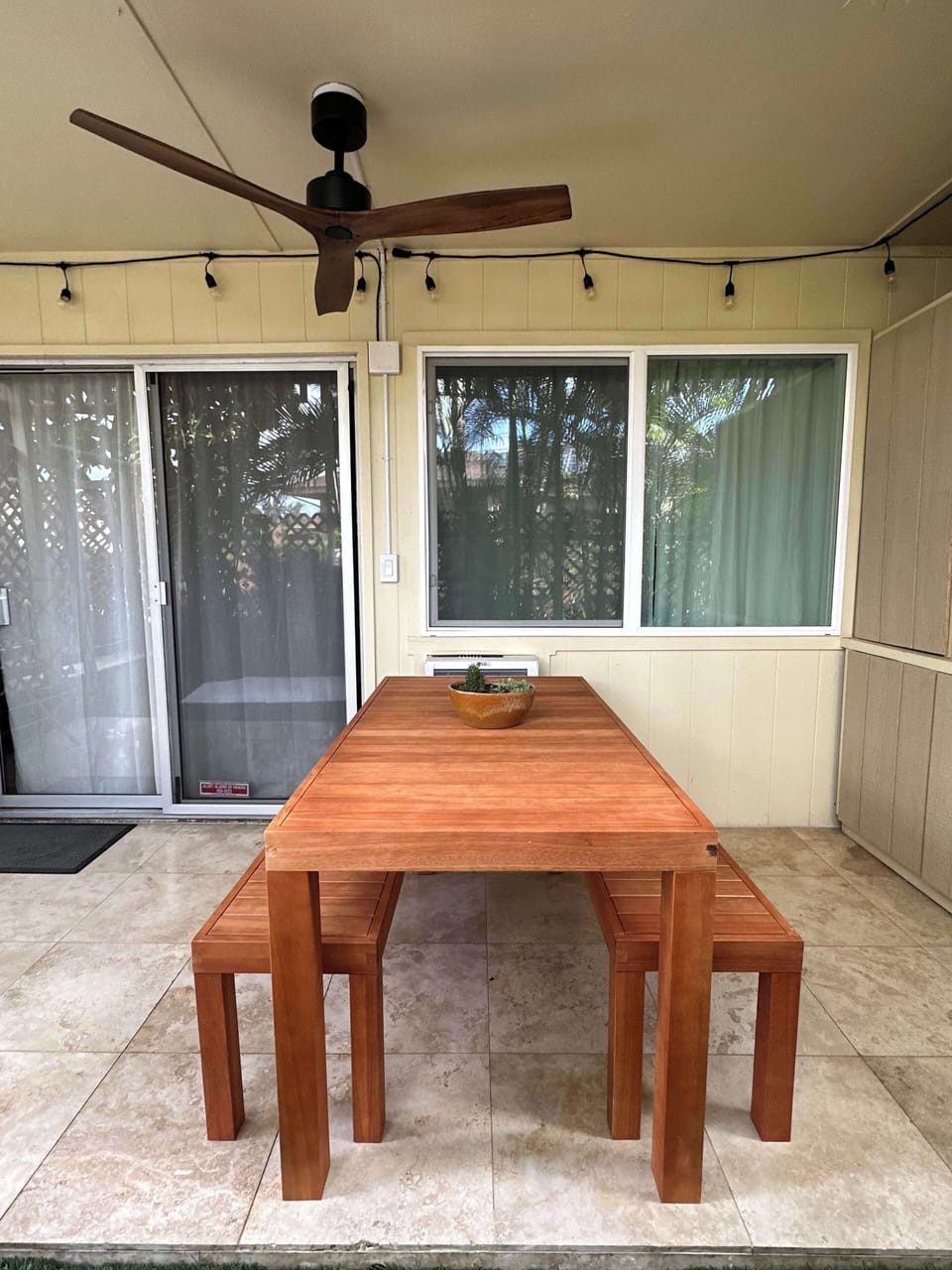 Outdoor seating area in private backyard garden