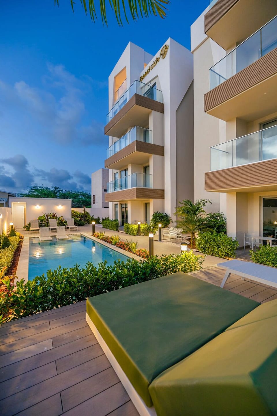Experience the magic of a night swim in our beautifully lit pool area — the perfect way to relax and unwind under the stars.