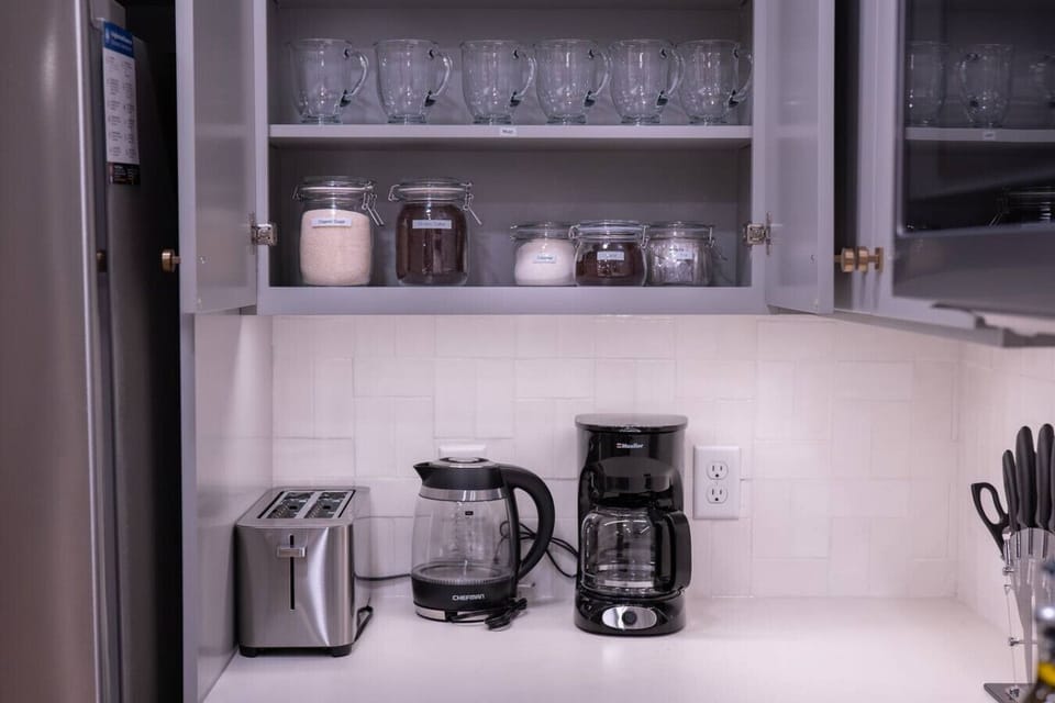 Coffee station! Organic coffee, organic cane sugar, creamer, black tea + decaf