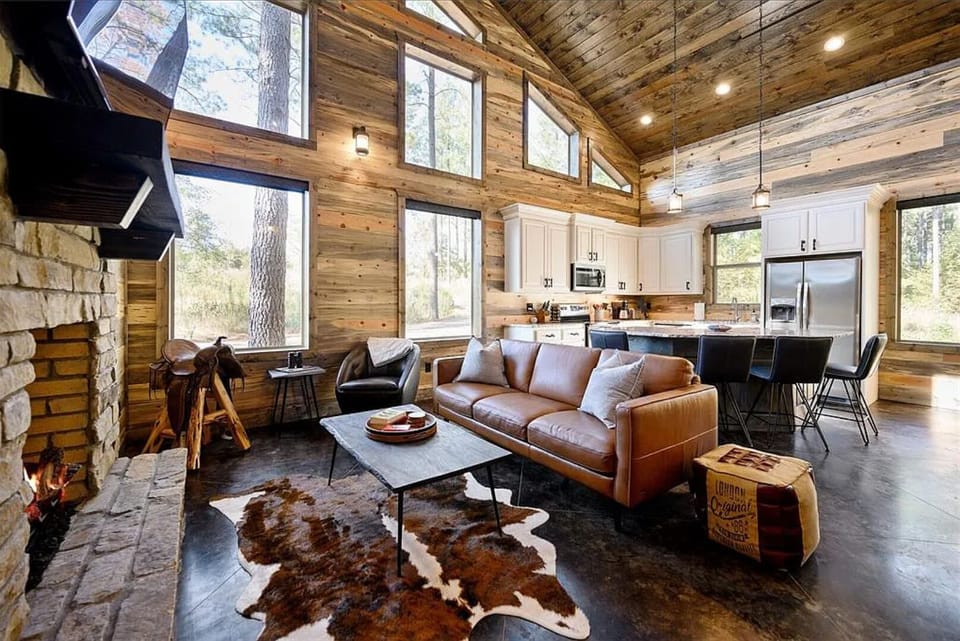Rustic cabin charm with modern fireplace and TV