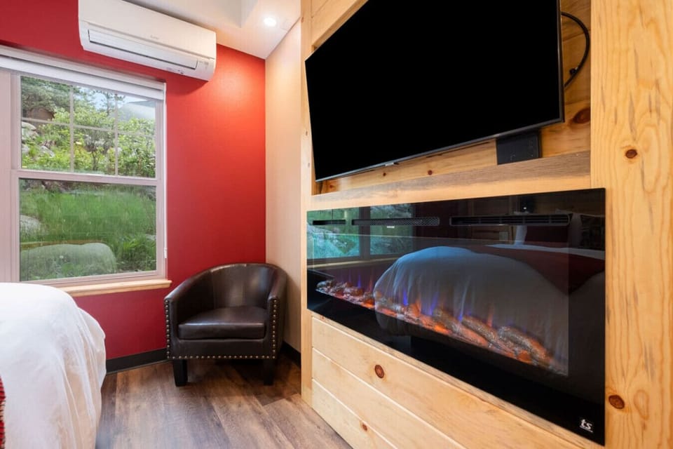 Relax in front of the electric fireplace.