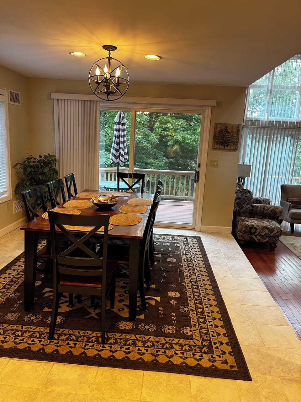 Dinning room for 8 plus additional tables and chairs