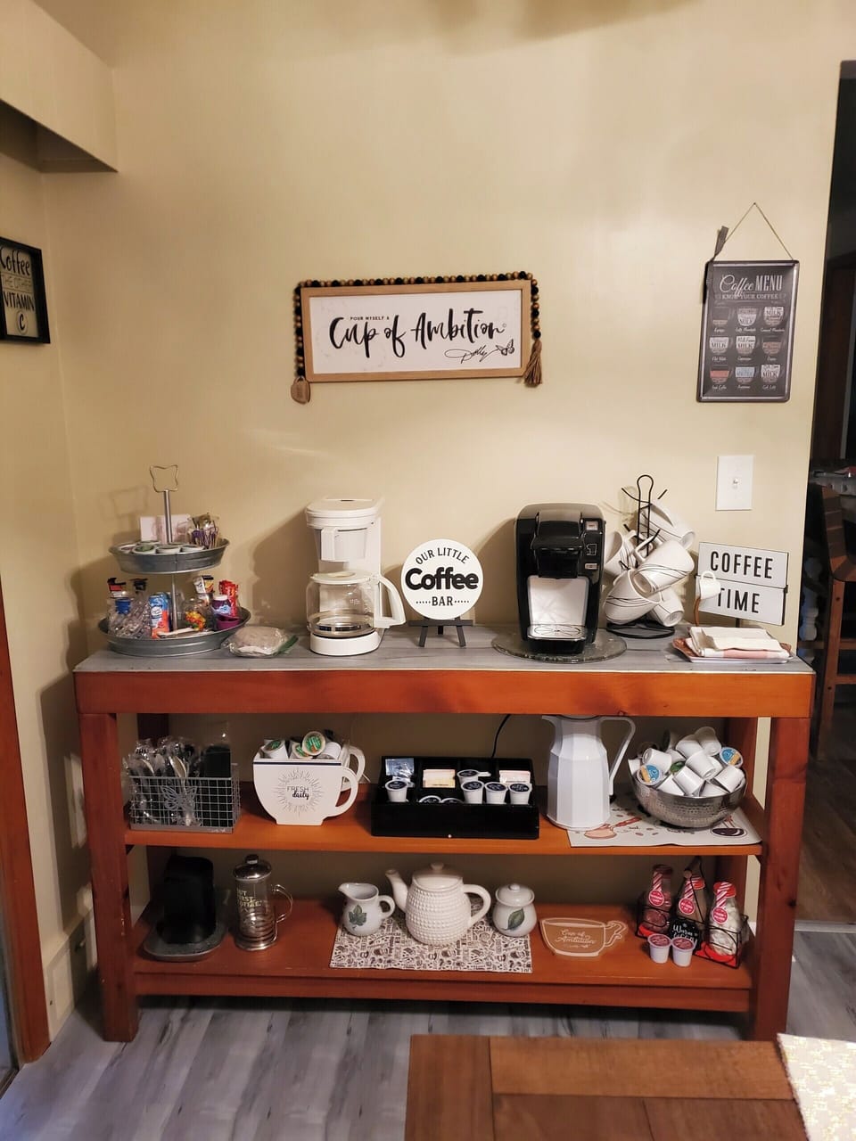 Our coffee bar will have a starter pack of coffee/ teas.  Shown is owner supply 