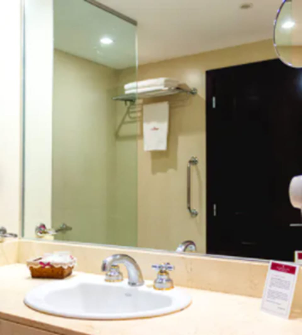 Combined shower/tub, free toiletries, hair dryer, towels