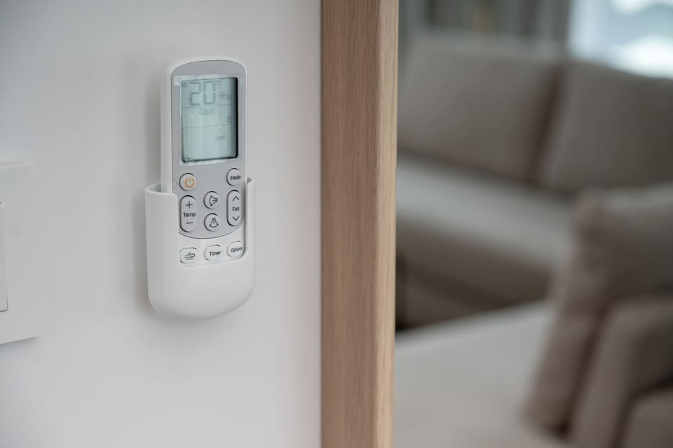A remote control for the apartment’s air conditioning system. Convenient temperature control ensures comfort year-round.