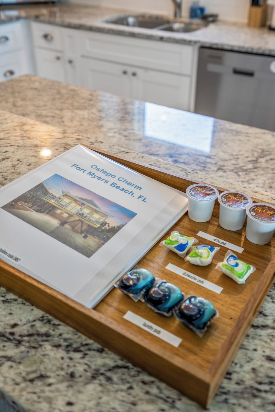 Our welcome book, complimentary coffee pods, dishwasher pods, and laundry pods :)