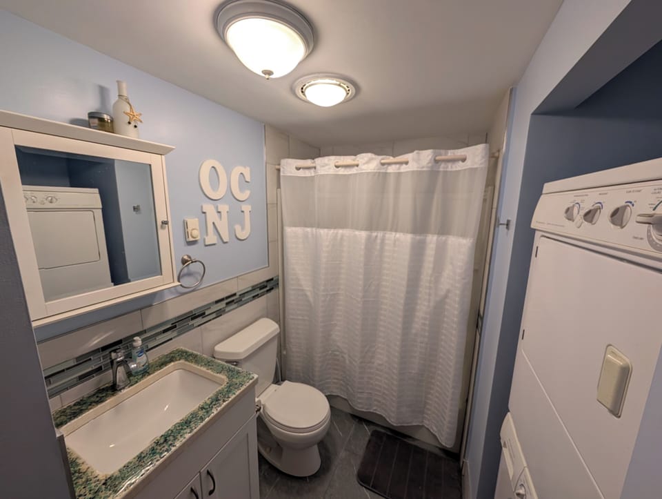 toilet, bath tub/ shower combo