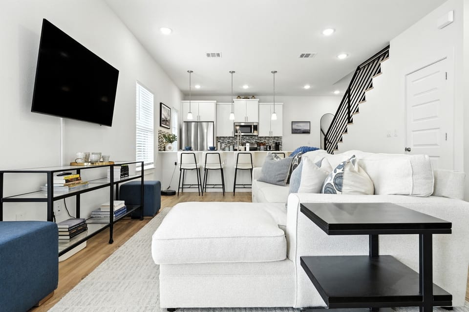 new build 2 story lux home with spacious living room and master bedroom, bath room  on the first floor perfect for big group