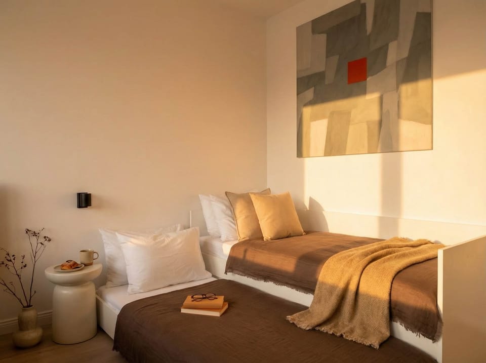 Convertible bed which prepared as double bed for 2 extra guests