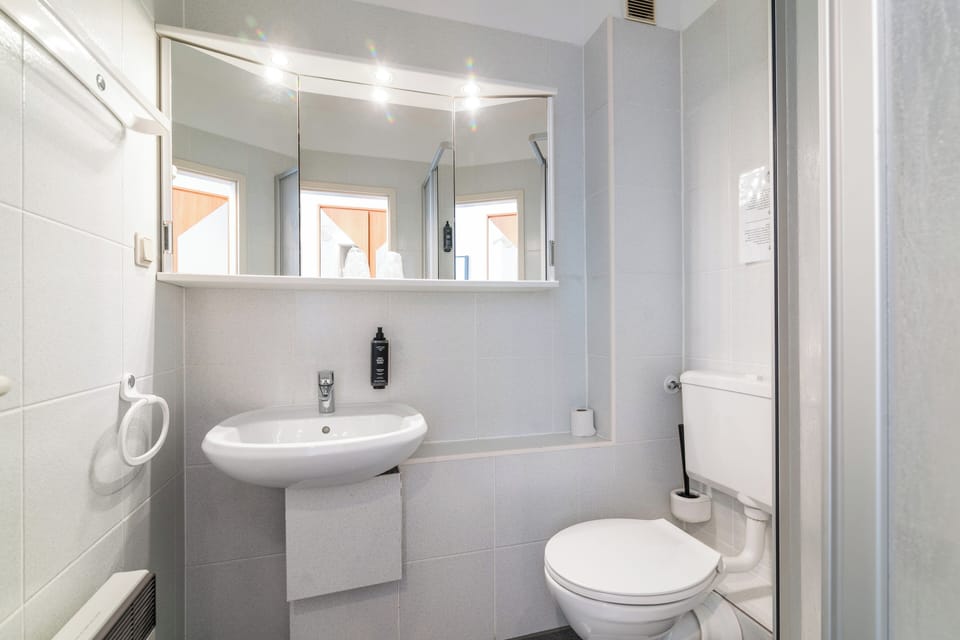 Shower, free toiletries, hair dryer, slippers