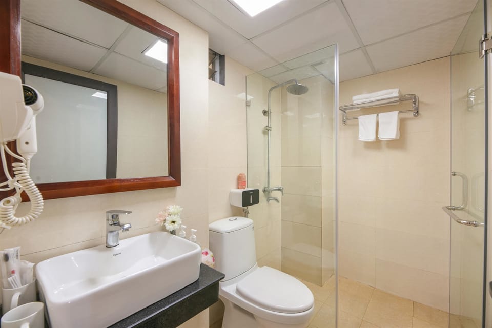 Shower, hydromassage showerhead, designer toiletries, hair dryer