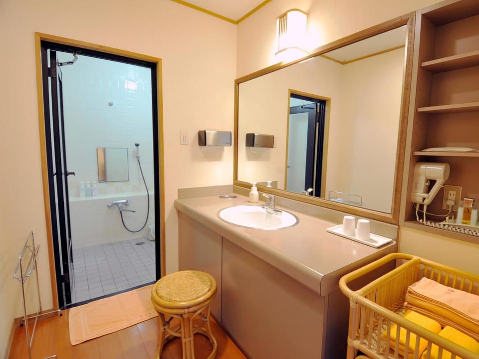 Combined shower/tub, free toiletries, hair dryer, slippers