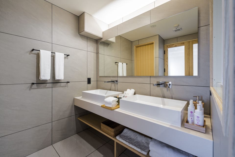Separate tub and shower, free toiletries, slippers, bidet