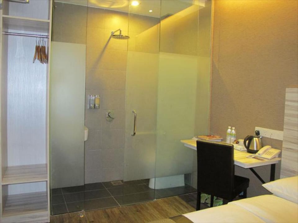 Shower, free toiletries, hair dryer, slippers