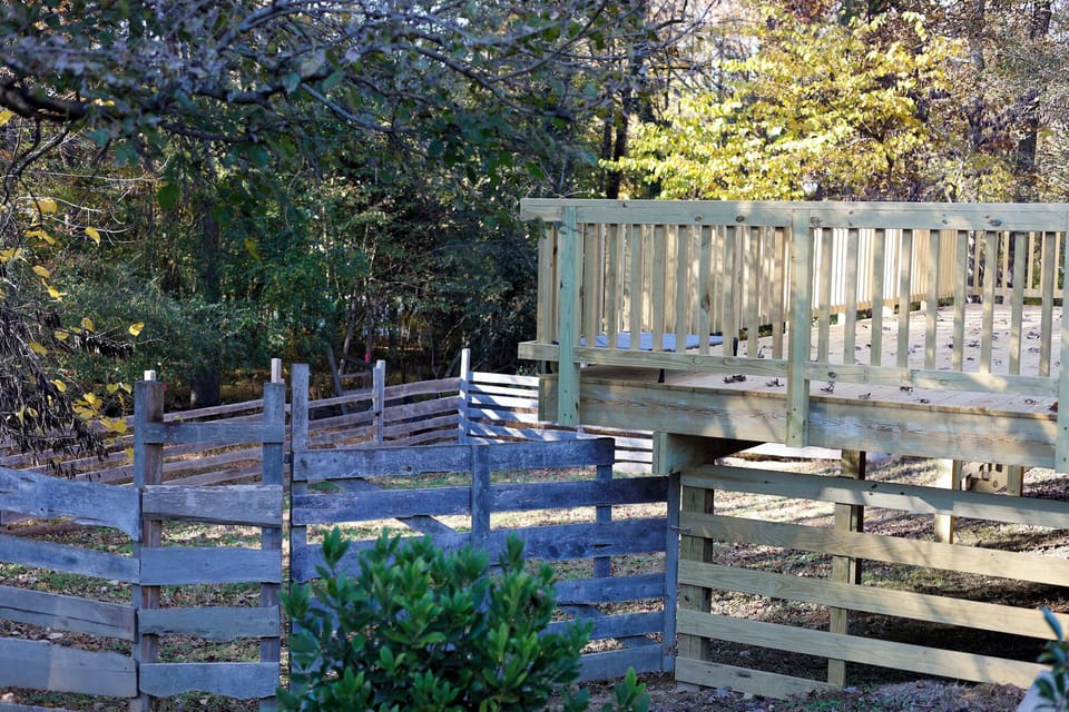 A new deck on the back of the house with stairs that lead down to yard.