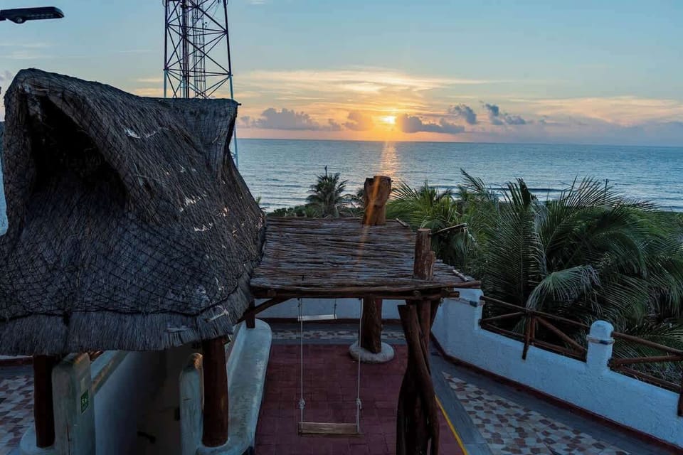 Shared rooftop terrace at dusk
