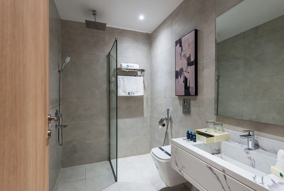 Shower, free toiletries, bidet, towels