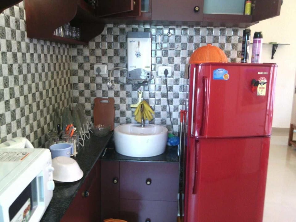 Full-size fridge, microwave, stovetop, coffee/tea maker